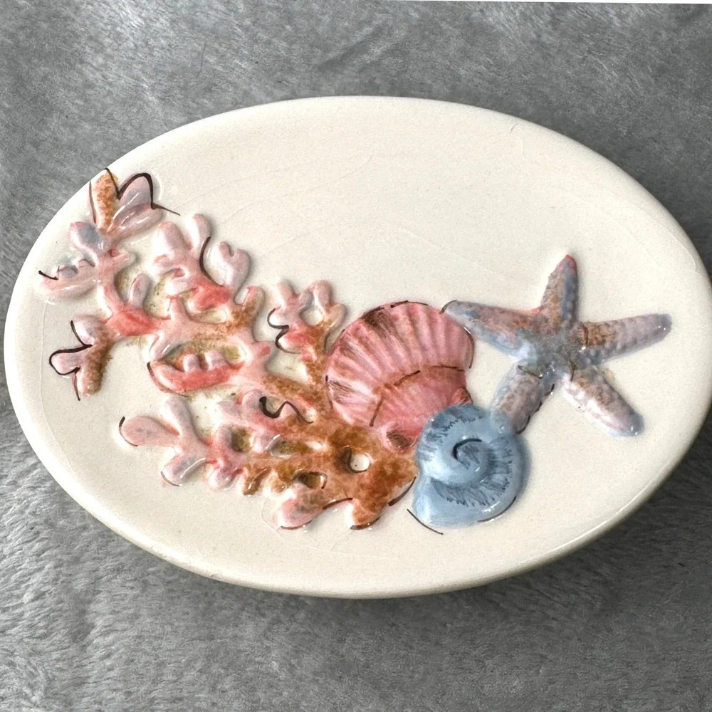 Coastal Seashell Coral Soap Dish Vtg. Bathroom Trinket Dish Beach Decor Starfish